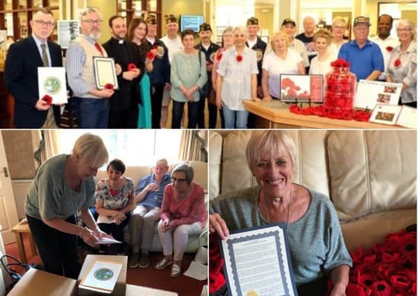 More than 600 poppies were sent to the UK from America for the Warwick Poppies Project 2018. The group of poppy makers in Warwick, New York and Cllr Christine Cross with the poppies.