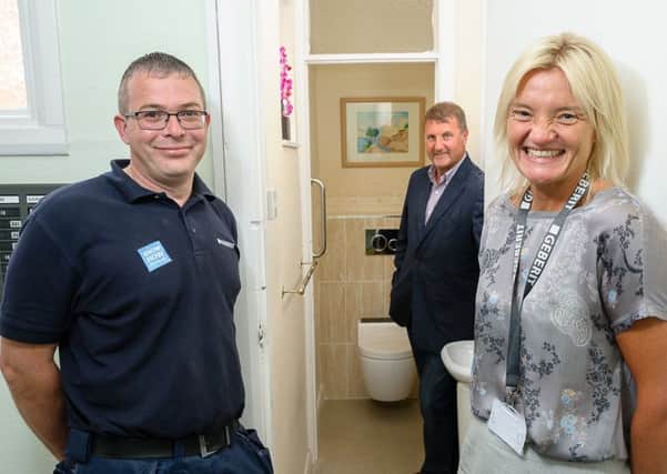 Gerberit who are based in Warwick, recently stepped in and repaired the leak and provided a new toilet facility forSafeline.

Pictured: Rob Gordon (Service Engineer Manager - Gerberit), Neil Henderson (Safeline) & Tina Coxon (Head of HR - Gerberit). NNL-180619-223629009