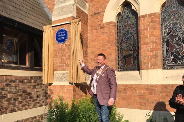 Warwick Mayor Richard Eddy unveiling the Blue Plaque for J R R Tolkien. Photo provided by Warwick Town Council.
