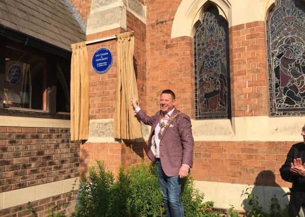 Warwick Mayor Richard Eddy unveiling the Blue Plaque for J R R Tolkien. Photo provided by Warwick Town Council.