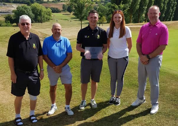 Hayley Noel (England Golf) with Rugby Golf Club's Andrew Leech, John Mortimer, Karl Walker and Dave Quinn