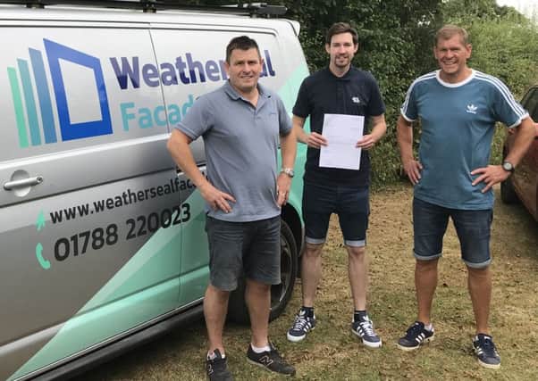 New sponsor Malcolm Smith of Weatherseal Facades, with Bourton & Frankton FCs  Stuart McQuillan (Secretary) and Mark Whitehead