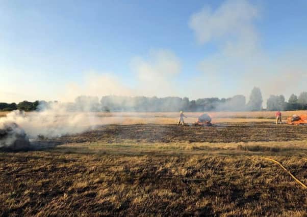 Hay bales and an area of grass was found on fire in the Racecourse area in Warwick.
Photo by Kenilworth Fire Station.