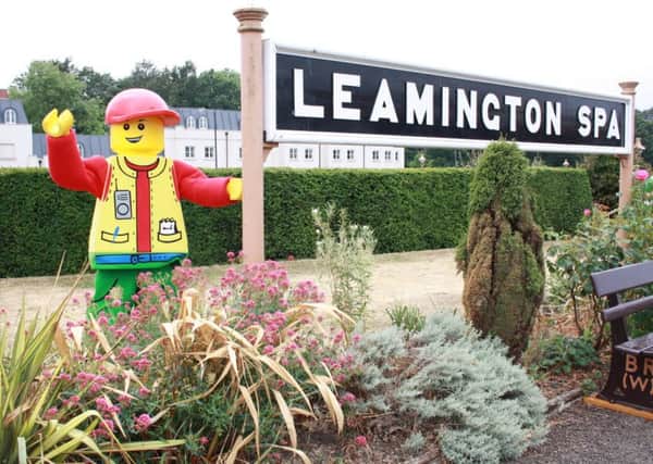 Bertie the life-sized LEGO figure stopped off at Leamington Station today (Friday).
