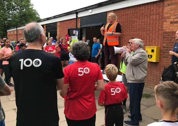 Cllr Michael Coker (with megaphone) launched the survey at the Parkrun at Newbold Comyn last weekend.