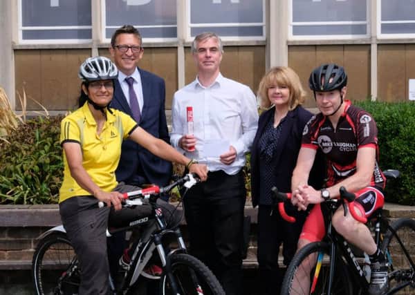 (Left to right) Mark Ryder, head of transport and economy business unit at WCC, Monica Fogarty, joint managing director at WCC, Mike Vaughan from Mike Vaughn Cycles with Alison Insley - most improved female rider and Peter Corkhill - winning male cyclist.