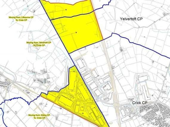 Existing parish boundaries in blue, and the proposed areas to be transferred to Crick parish in yellow.