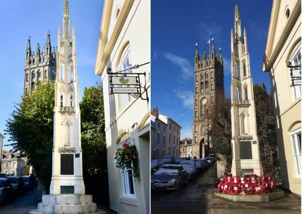 The Warwick war memorial. Photo on left by Gill Fletcher.