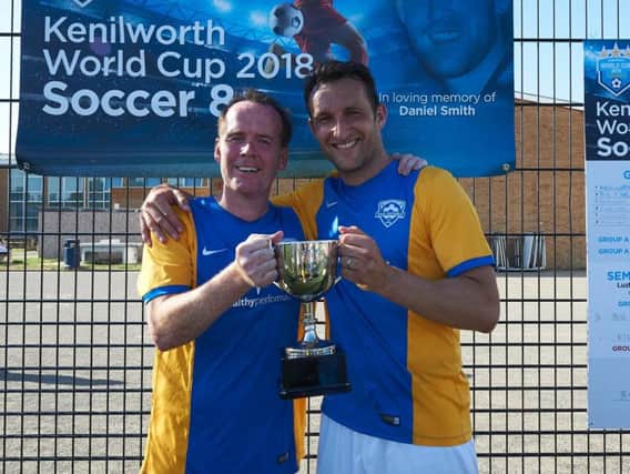 Carl Smith (left) with friend Riccardo Scimeca (right) at the Soccer 8s football tournament held in June. Carl needs 65,000 for potentially lifesaving cancer treatment.