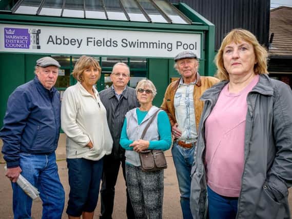 Restore Kenilworth Lido campaigners outside the entrance to Abbey Fields' swimming pool. From left: Clive Peacock, Joanna Perkins, Cllr Richard Dickson, Dorothy Watkins, George Jones and Jane Green.