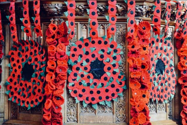 Some of the handmade poppies inside St Mary's Church. Photo by Gill Fletcher.