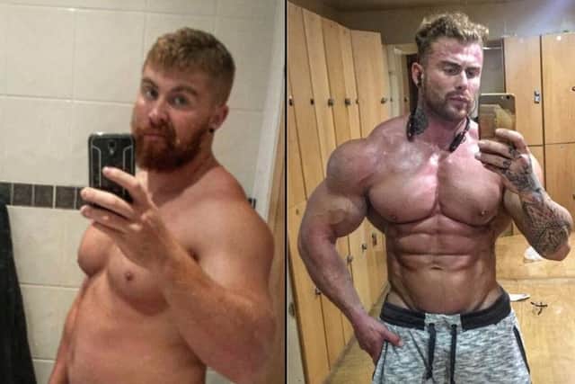 Left:- Max O'Connor in 2015 and right Max in September 2017 when he was placed second at Mr Universe.
