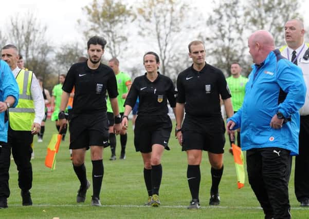 Leamington boss Paul Holleran goes to confront referee Amy Fearn at the final whistle. Pictures: Morris Troughton