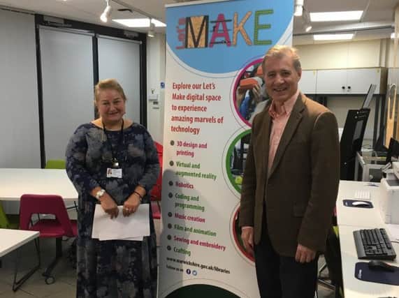 Mark Pawsey with Jayney Faulknall-Mills, Warwickshire County Councils Customer Services Manager covering Rugby Library, at the new Lets Make digital space