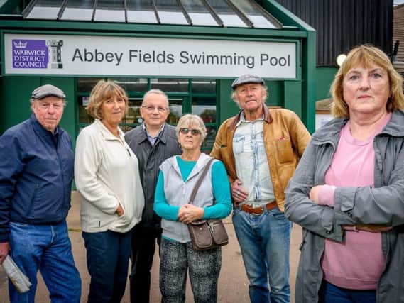 Restore Kenilworth Lido campaigners outside the entrance to Abbey Fields' swimming pool. From left: Clive Peacock, Joanna Perkins, Cllr Richard Dickson, Dorothy Watkins, George Jones and Jane Green.