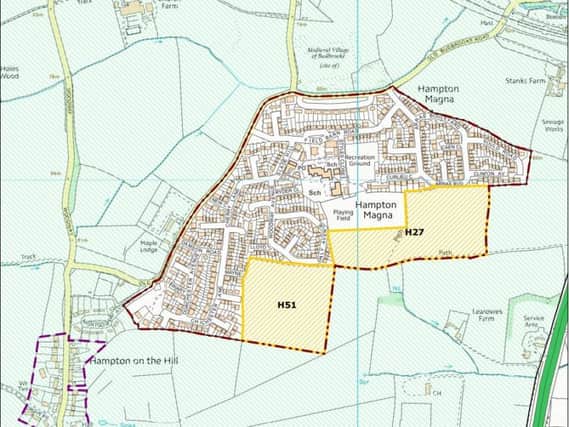 The two sites in Hampton Magna marked in the Warwick District Local Plan. Image by Warwick District Council.
