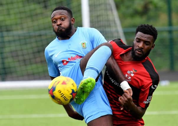 Danico Johnson - pictured in September's FA Cup game  with Redditch - was Rugby's Star Man on Tuesday evening