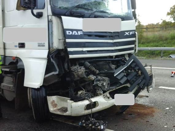 The front of one of the lorries involved in the crash on the M40 near junction 16. Photo: Highways England