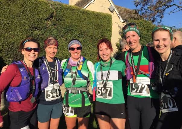 Spa Striders and Kenilworth Runners female contingent at the Broadway Half Marathon, including ladies' race winner Claire Murphy, far left.