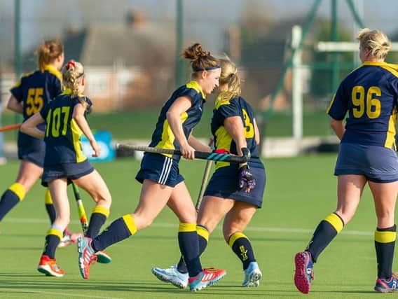 Rugby & East Warwickshire Ladies 1st XI on their way to a 2-1 win over Edgbaston at Hart Field on Saturday