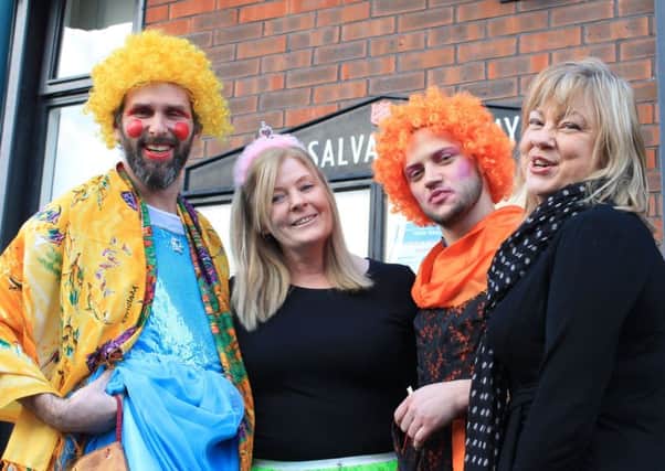 Fairy Godmother (2nd left) - aka Yvonne McKinnon, Project Manager at the Salvation Armys Way Ahead Project in Leamington Spa - is pictured with two of the projects service users who played the parts of the ugly sisters.  Also pictured (right) is Cheryl Flavell, Placemaking and Partnerships Manager at Orbit