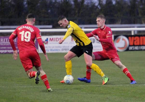 Colby Bishop in action in the narrow FA Trophy defeat to Hartlepool.