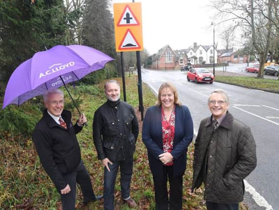 Pleased with the new traffic calming scheme. Alistair Clark (AC Lloyd Homes), Leigh Carter (Bishops Tachbrook Community Speed Watch and Bishops Tachbrook Parish Council), Debbie Poynton (Warwickshire County Council) and Cllr Les Caborn (Warwickshire County Council)