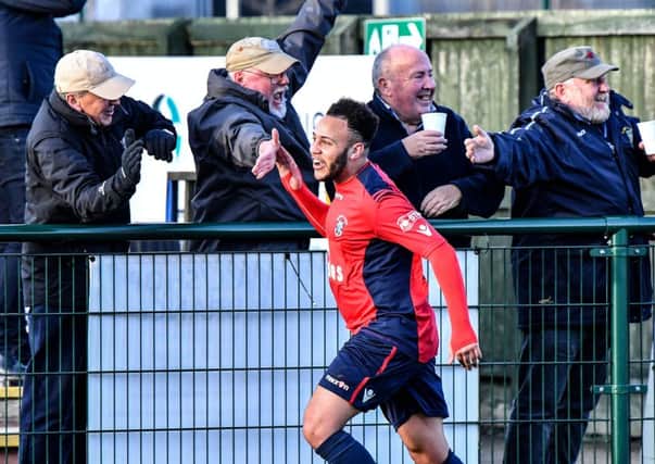 Lewis Rankins celebrates his second consecutive brace of goals with Valley fans at Wellingborough    Pictures by Martin Pulley