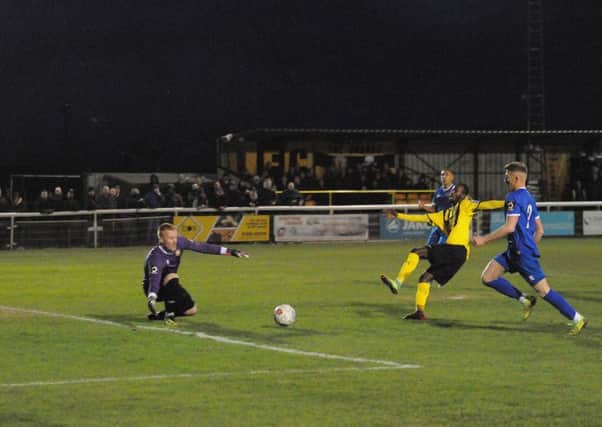 Leamington substitute Ahmed Obeng is inches away from being the match-winner. Pictures: Morris Troughton