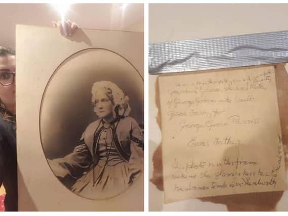 Left: Hazel Hawkswell with the portrait of 'Grandma Grove'. Right: The note found with the portrait which inspired Hazel to find out more.