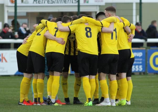 Leamington form a huddle ahead of their home clash with Brackley. Picture: Tim Nunan