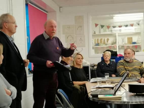 Clive Peacock of Restore Kenilworth Lido speaks at the meeting