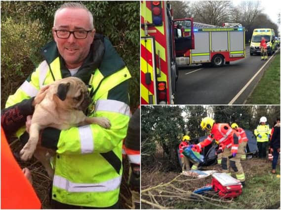 Peri the dog and a driver of a car were rescued after the vehicle overturned in Southam over the weekend. Photos by Southam Fire Station.