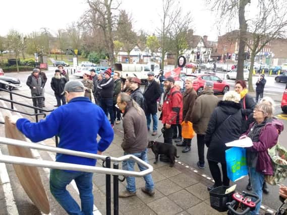 A protest against universal credit outside Rugby Town Hall in December.