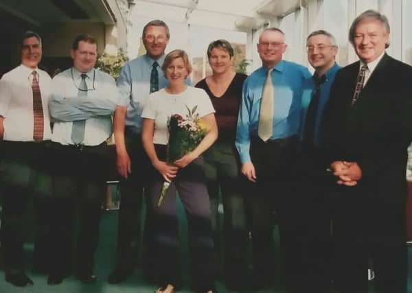 Department management team at farewell lunch party to mark Stephanie Cookes departure in 2002. Left to Right: Nigel Bishop, Chris Brown, Pete Rourke, Stephanie Cooke, Rose Winship, Pete Nicholson, Jeff Watkins, Dale Best.