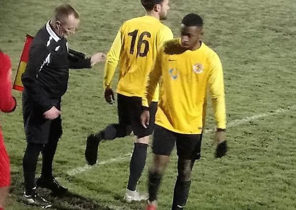 Trea Bertie leaves the pitch to be replaced by Adam Knight after scoring twice in Racers' win over Hinckley AFC.