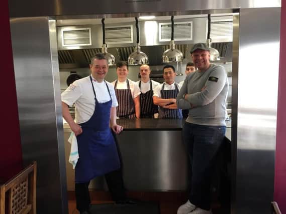 Adam Bennett, chef director at The Cross in Kenilworth with Tom Kerridge and the kitchen team at The Cross.