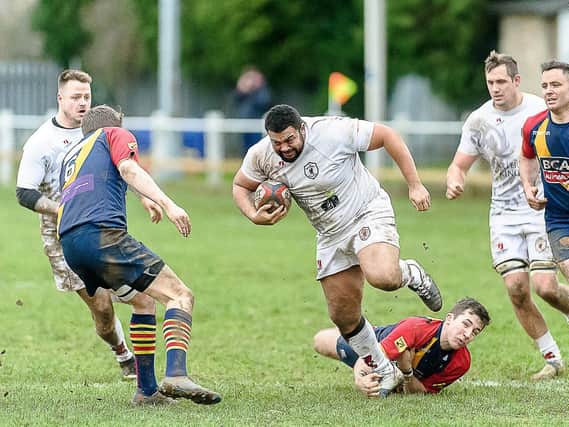 Lewis Moult with the ball for Rugby Lions in their last home game. This weekend they host league leaders Paviors.