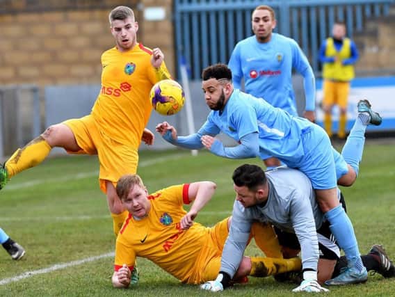 Lewis Rankin in Rugby Town's last game, their 4-1 win over Kirby Muxloe   Pictures by Martin Pulley