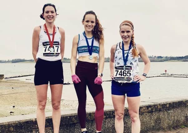 Natalie Bhangal, centre, tops the podium at Draycote Water. Picture submitted