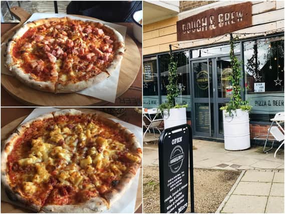 Top left: Dough and Brew's "clark" pizza; ham, pepperoni and bacon, bottom left Dough and Brew's "mork" pizza; macaroni cheese and bacon pizza and a photo from outside Dough and Brew.