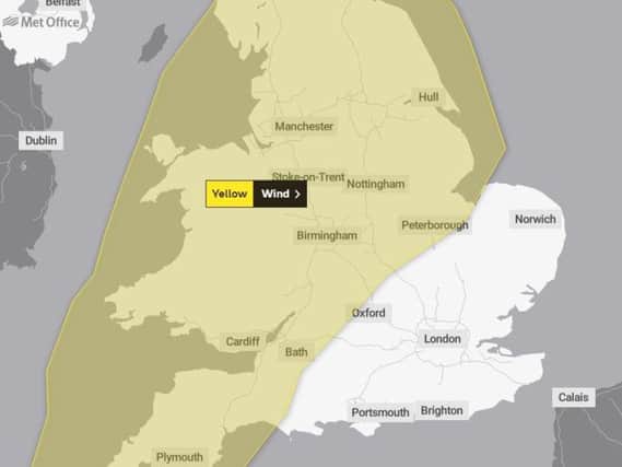 The area covered by the yellow weather warning.