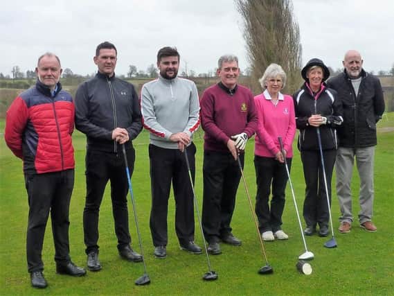 Captains' drive-in (from left)  Dave Quinn, Karl Walker, Dale Marson, Camillus McCarron, (Club Captain), Linda Long ( Lady Captain), Sue Tura and Paul Martin, (Club President.)