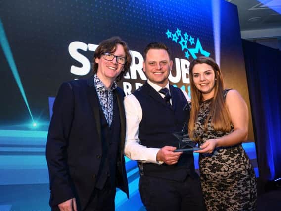 Matt and Alexandra Crowther are pictured at the awards with comedian Ed Byrne.