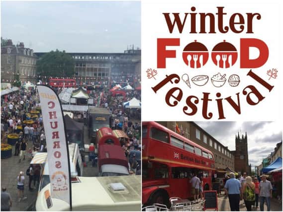 Photos from the Warwick Food Festival in 2018 and CJ's Events Warwickshire's logo for the Winter Food Festival.