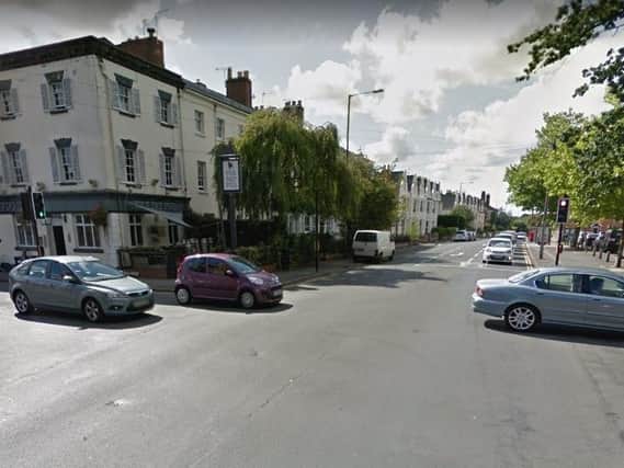 The crossroads at the A445 Rugby Road near The Fat Pug pub in Leamington. Photo by Google Street View.