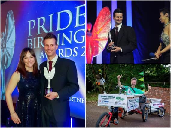 Left: Vicky and Stuart Kettell with the award, top right: Stuart receiving his award and bottom right: Stuart in his bathtub bike. Photo supplied.