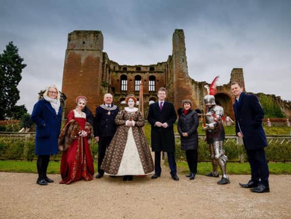Liz Page, territory director for English Heritage, Michael Hitchins, mayor of Kenilworth, Jeremy Wright, Secretary of State for Digital, Culture, Media and Sport, Helen Peters chief executive for Shakespeares England, Luke Whitcomb, marketing director for English Heritage with costumed actors.