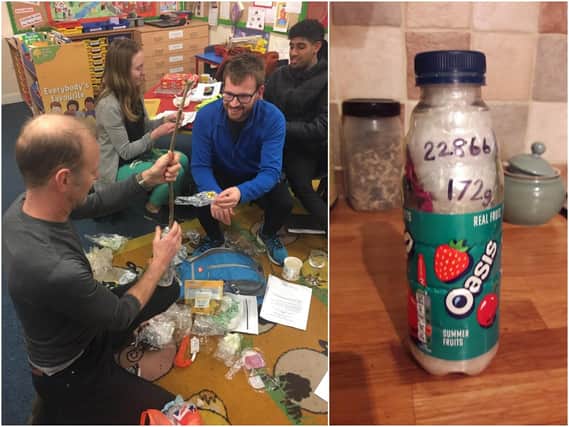 Left: a bottle being packed to create an 'ecobrick' and right shows a packed bottle. Photos supplied.