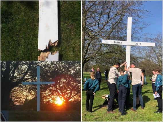 Top photo shows damage to cross, bottom left shows a photo of the cross after it was restored and right shows the raising of the cross on Good Friday. Photo submitted.